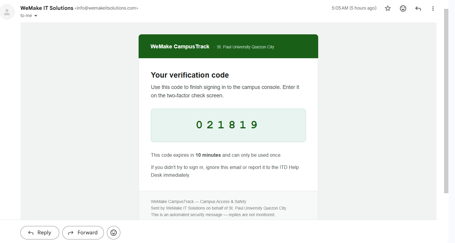 WeMake CampusTrack verification code email in Gmail
